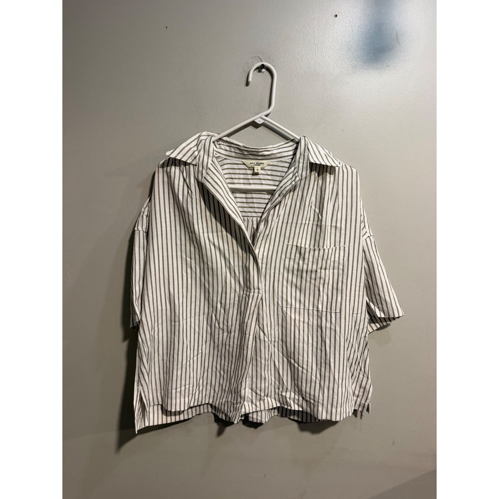 Max Studio London Brown White Striped Short Sleeve Boxy Button Down Shirt M